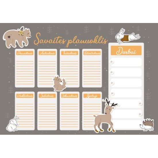 Savaitės planuoklis 0001 - Nuotaikingas su lauko žvėreliais, A4 formatas, 54 lapai